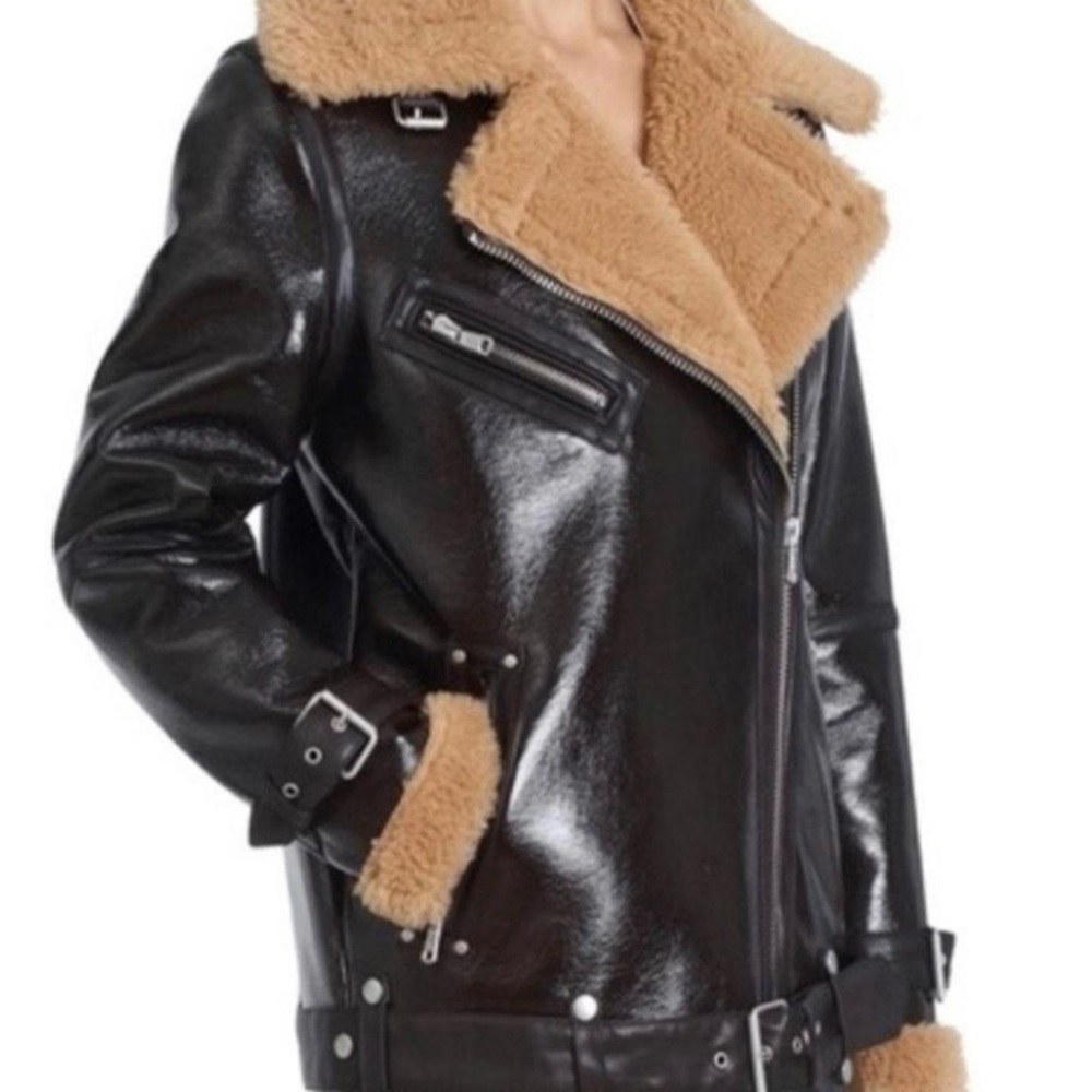 Avec Les Filles Black and Tan Leather Shearling Jacket